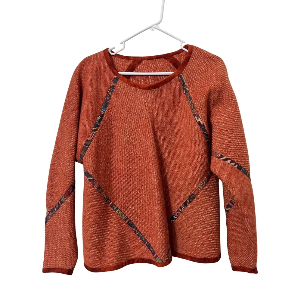 Terracotta Orange Textured Knit Pullover Sweater Tapestry Ribbon Trim XL Boho